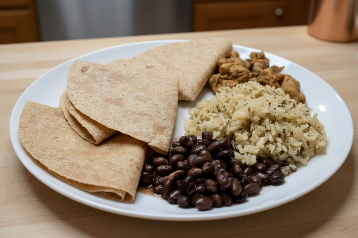 Chicken, Beans and Cilantro Lime Rice with Tortillas