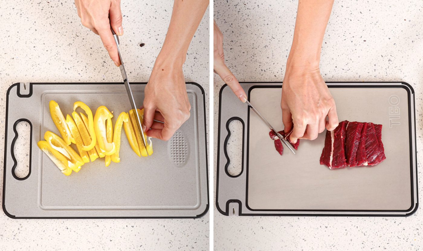 Cutting vegetables on one side of the TIBO board and raw meat on the other