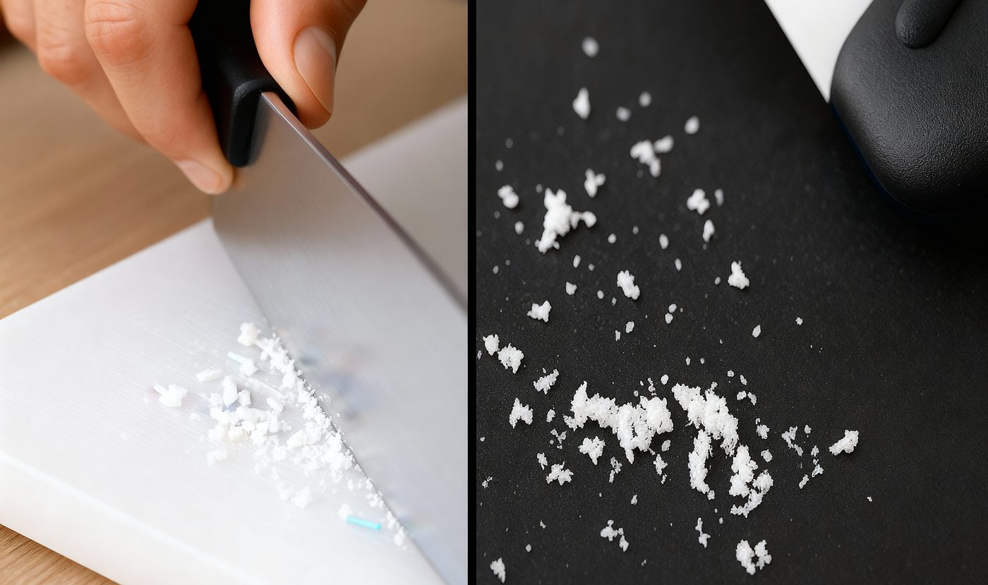Microplastic particles shed from a plastic cutting board
