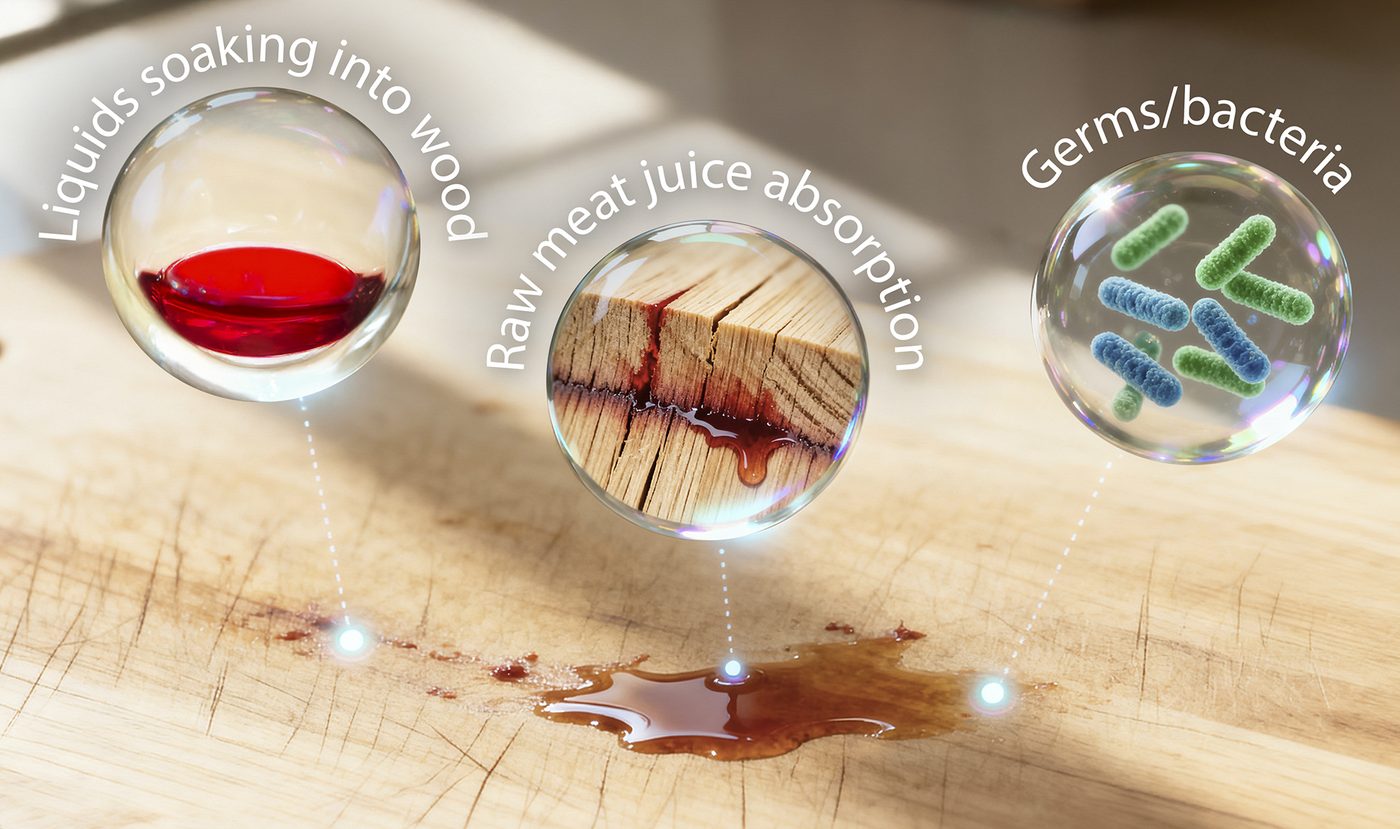 Raw-meat juice and stains soaking into the grooves of a worn wooden cutting board
