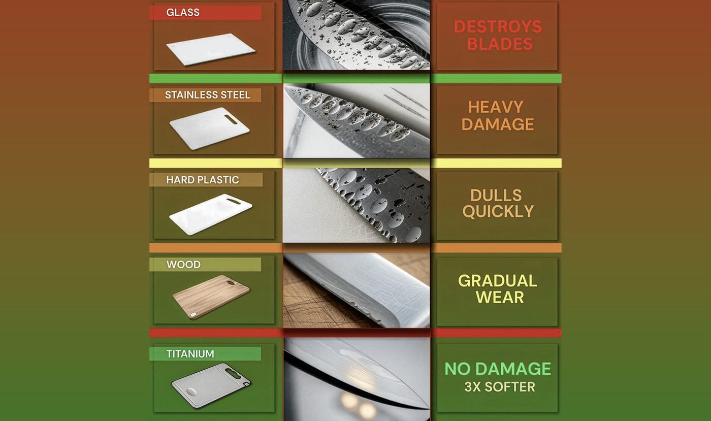 Chart comparing how glass, steel, plastic, wood and titanium boards affect a knife edge