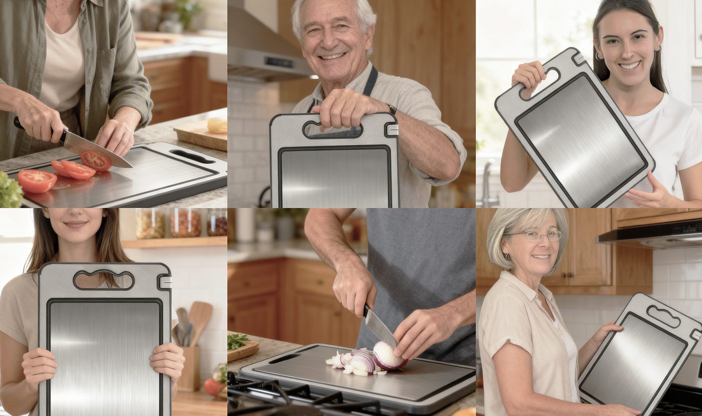 A grid of home cooks holding and using the TIBO board