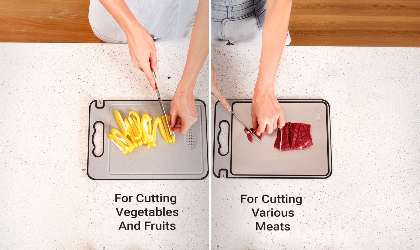 TIBO board with a raised edge and juice channel around the cutting surface