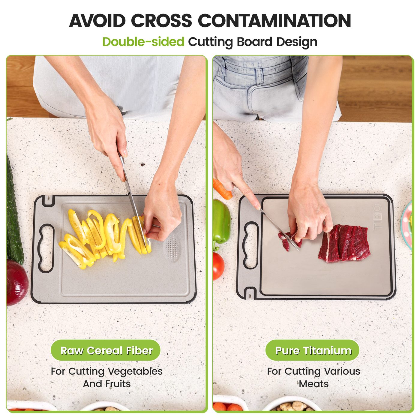 TIBO dual-sided board: a wheat-straw fiber side for vegetables and fruit, a pure titanium side for meats