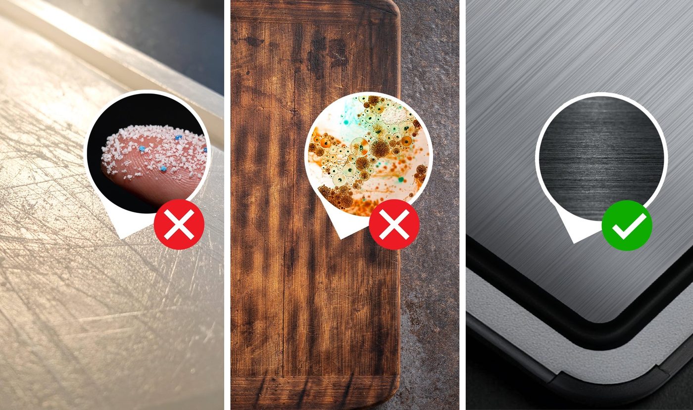 The TIBO titanium cutting board on a kitchen counter